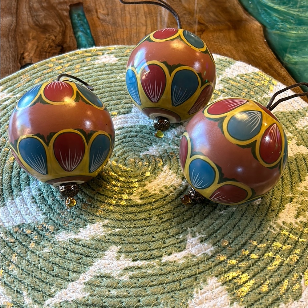 Mexican Tonala Hand-Painted Ceramic Christmas Tree Ornaments Vibrant